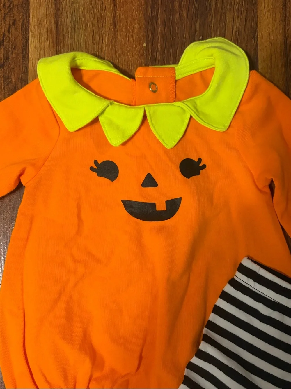 Cat & Jack Orange Pumpkin Romper Set with Neon Green Collar & Headband